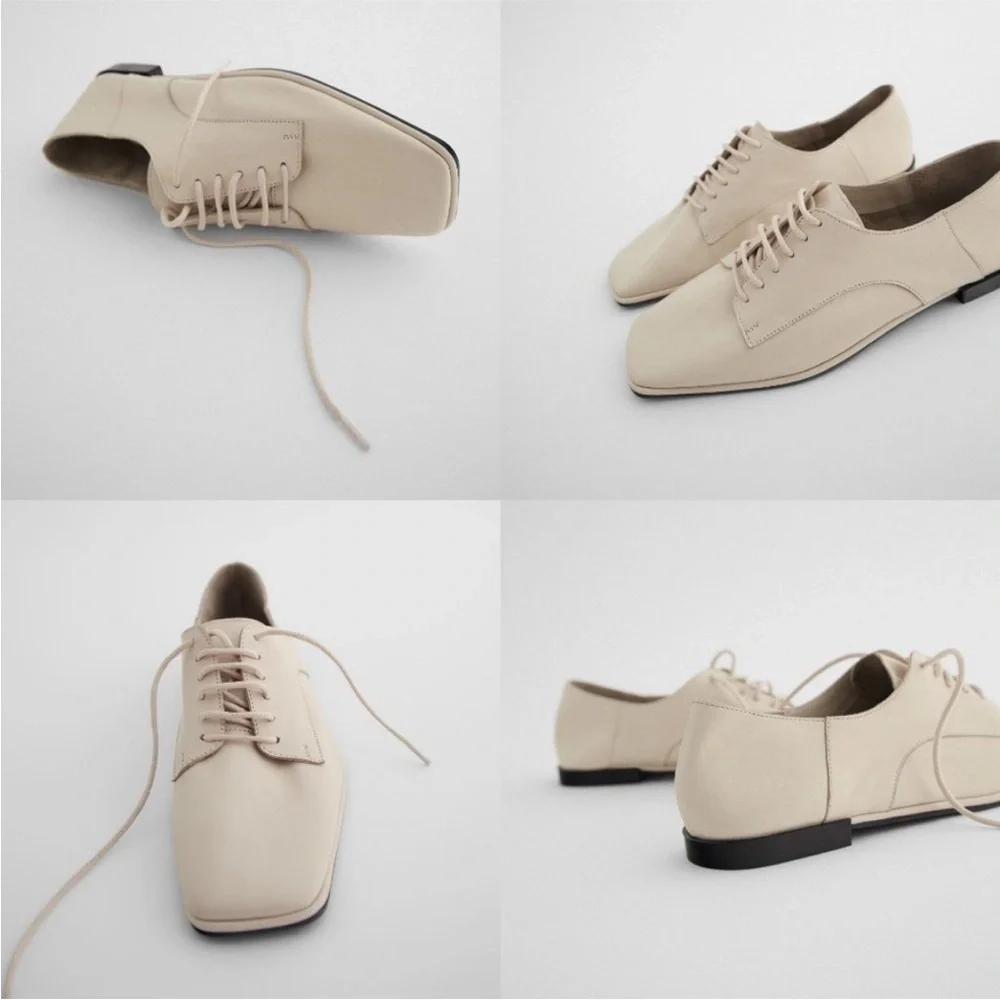 Zara Elegant Cream Women's Leather Lace Up Square Toe Oxford Shoes 39 (US 8) - Picture 3 of 6